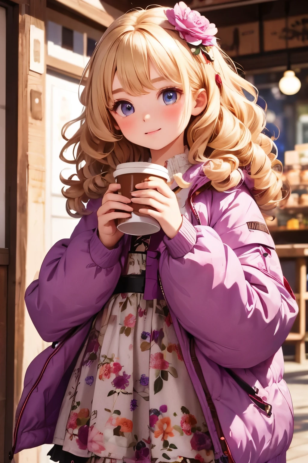  best quality, little very young girl，cute , blonde, Curly hair, evil，Floral Dress， down jacket，I want to drink coffee from the festival night shop.，