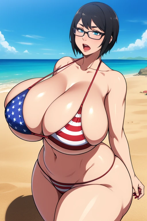 Shizune, 1girl, ((bimbo))), short black hair, glasses, painted lips, wide hips, thick thighs, huge ass, bimbo face , enormous huge natural breasts, thong american flag bikini , cleavage, hanging breasts, ahegao face, hot, lust face, lost on a desert island