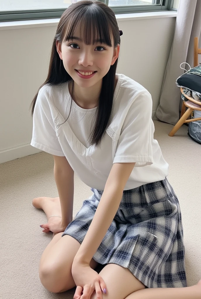 32K,  best quality, masterpiece, Realistic,  super detailed,    photos of cute 25-year-old Japan,  high definition , Alone、 (barefoot、 white blouse 、 blue plaid pleated skirt)、( legs:1.3)、((The upper body is wearing a uniform))、((((( looking at the camera)))))、(((whole body)))、((( thigh)))、bedroom、 on the bed、 is sitting、(( focuses on crotch)), real texture skin,
 nudes,