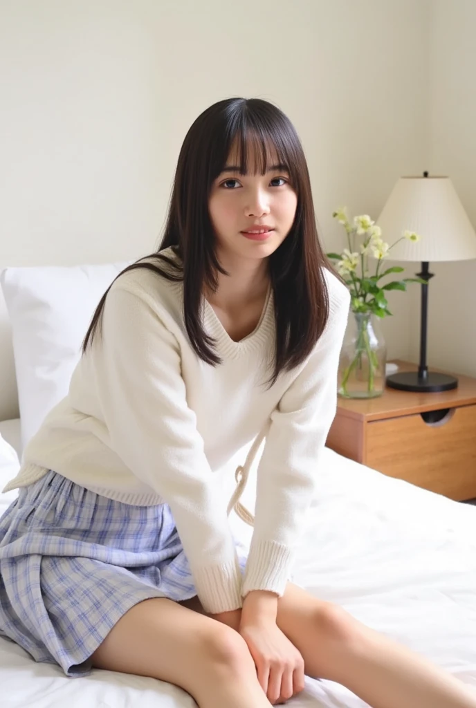 32K,  best quality, masterpiece, Realistic,  super detailed,    photos of cute 25-year-old Japan,  high definition , Alone、 (barefoot、 white blouse 、 blue plaid pleated skirt)、( legs:1.3)、((The upper body is wearing a uniform))、((((( looking at the camera)))))、(((whole body)))、((( thigh)))、bedroom、 on the bed、 is sitting、(( focuses on crotch)), real texture skin,
 nudes,