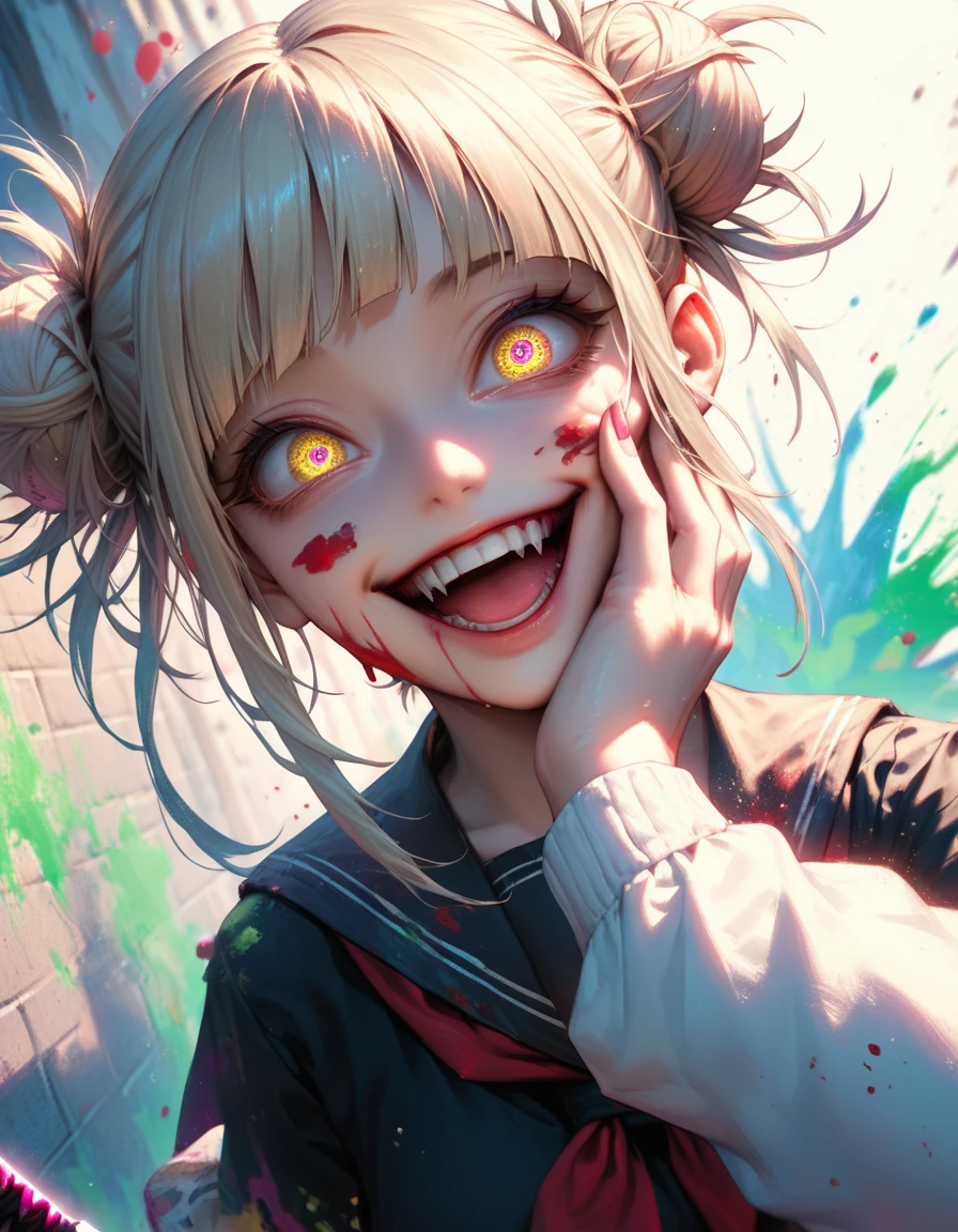 masterpiece, best quality, amazing quality, very aesthetic, absurdres, newest, scenery, 1girl, toga himiko, teeth, open mouth, blood on face, smile, double bun, crazy eyes, holding knife, hand on own cheek, upper body, school uniform backlighting, from above, dutch angle, , close-up, photorealistic, dutch angle, (colorful), from above, (((paint splatter))),fisheye, , masterpiece, best quality, amazing quality, very aesthetic, absurdres, newest, scenery, volumetric lighting
