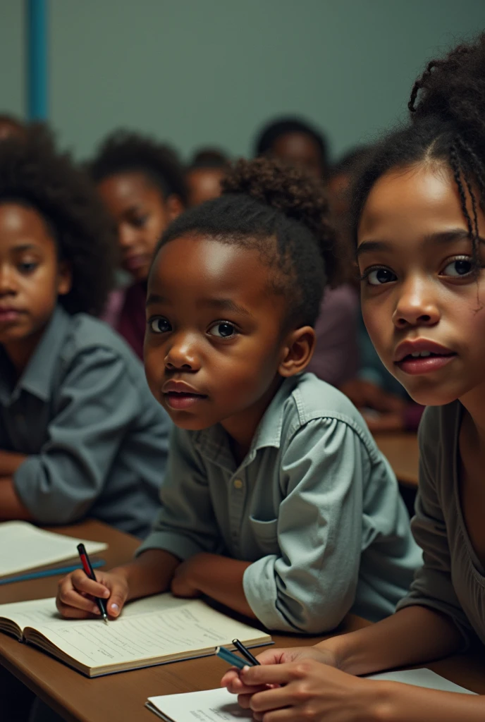 (8k, RAW photo, best quality, masterpiece: 1.2), (realistic, photorealistic: 1.37), african american children, detailed photo playing on school grass, beautiful school, art school, top quality