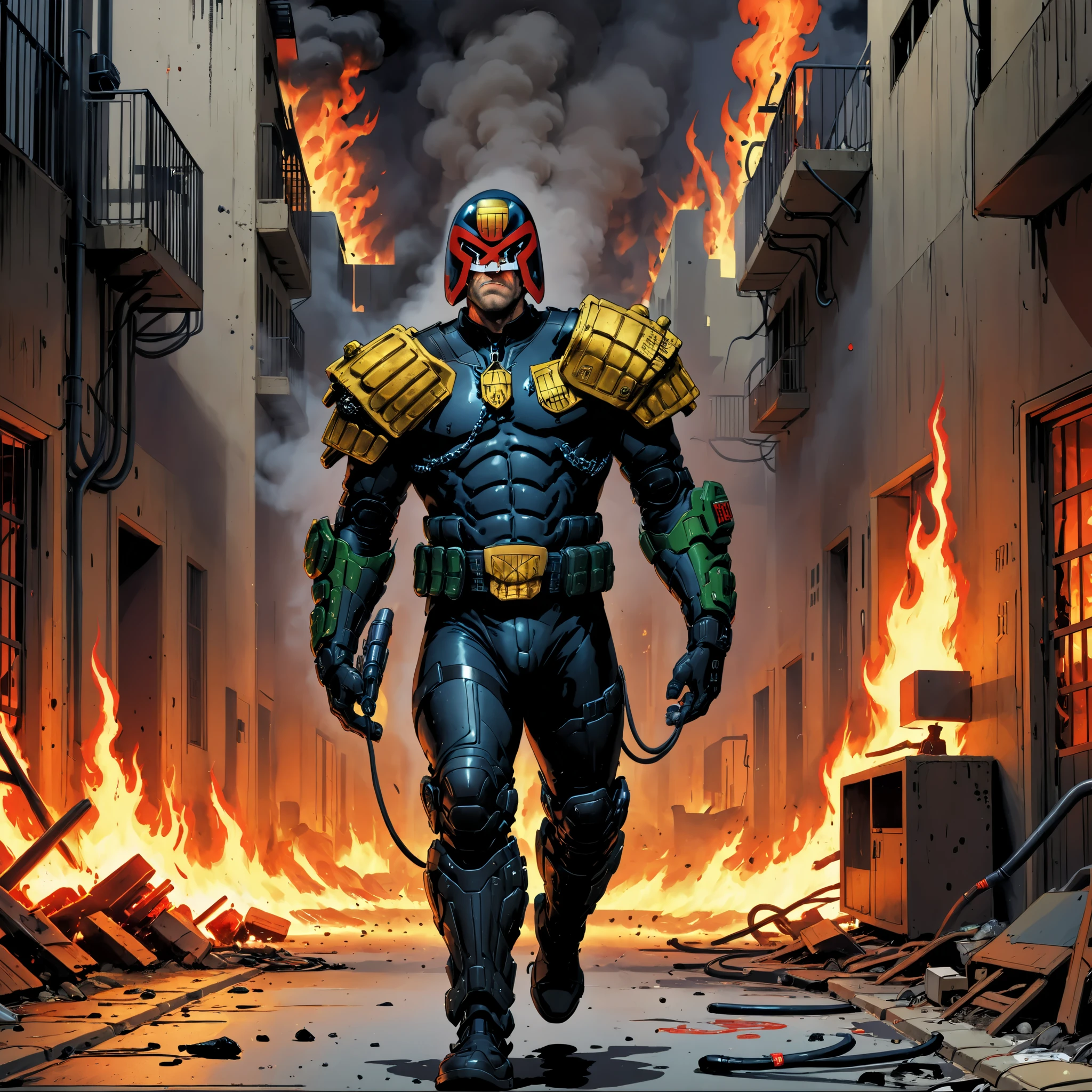 judge dredd running through a burning apartment complex in armor and uniform wearing a helmet, jdgdrddcom, cyberpunk, flames, fire, debris, smoke, sparks, embers, pipes, ducts, cables, filth, furniture, barricades,