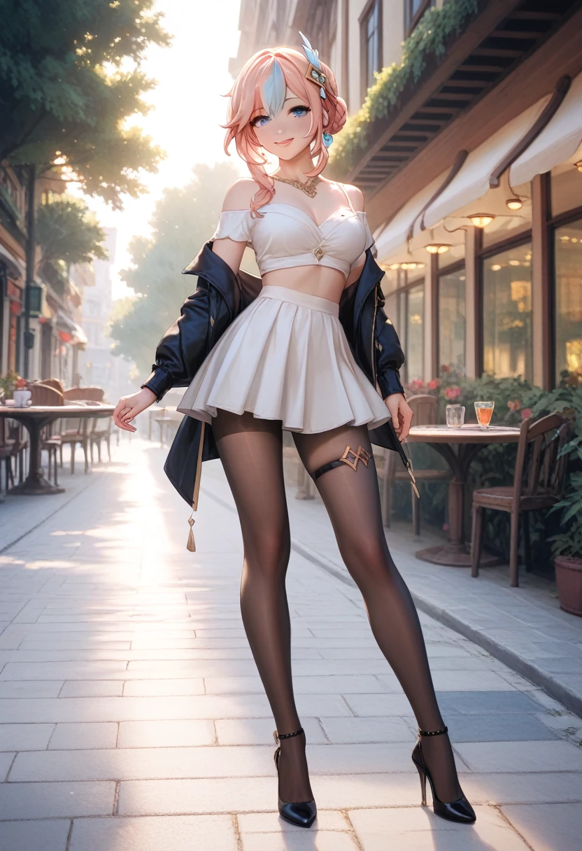 woman wearing a white off shoulder shirt and white skirt, standing outside a cafe, posing, pretty lipstick, gentle smile, natural lighting, high quality, detailed painting,8k, cinematic, warm colors, soft lighting, golden hour, elegant, fashion, lifestyle, editorial, whole body, ft colors, pastel colors, warm tones , furina \(genshin impact\), heterochromia, bule hair,blue eyes,thigh strap , pantyhose, full body shot, black high heels,full body shot, dynamic pose, natural breasts, high heels
