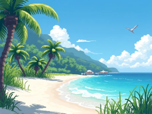 pixel art, pokemon field beautiful, white sand beach, sunny day, few clouds in the sky, sunlight, blue waters with azure, palm trees, beach grass, landscape, no people in sight, birds flying in the sky (((LANDSCAPE))) ((close view)), background, masterpiece Masterpiece artwork. Pixel art, anime style. 