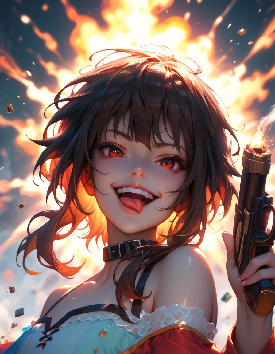 score_9, score_8_up, score_7_up, score_6_up, 1girl, Megumin, bare shoulders, teeth, lips, thin lips, narrow mouth, solo, looking at viewer, open mouth, holding pistol, upper body, from below, back lighting, dark, multicolored background, blurred background, colorful, explosion of colors, masterpiece, best quality, colorful, bright, pleasing to the eye, grin, greed on his face, his tongue sticking out, a little steam from the mouth, 3 falling bullets from the top of the screen, slightly blurred background, gun near the head, smoke from the barrel of a gun, bright, multicolored, bright colors of paint
