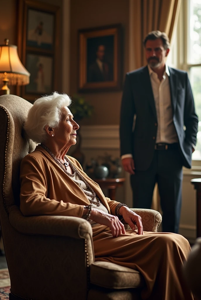 ((gorgeous queen elizabeth 80yo ), (kissing a man:1.5), (profile side), (huge saggy breast:1.6), (pointed nipples), (dressed for a party with elegant white sheer chiffon shirt:1.4), (black skirt), (sitting on sofa), lipsticks