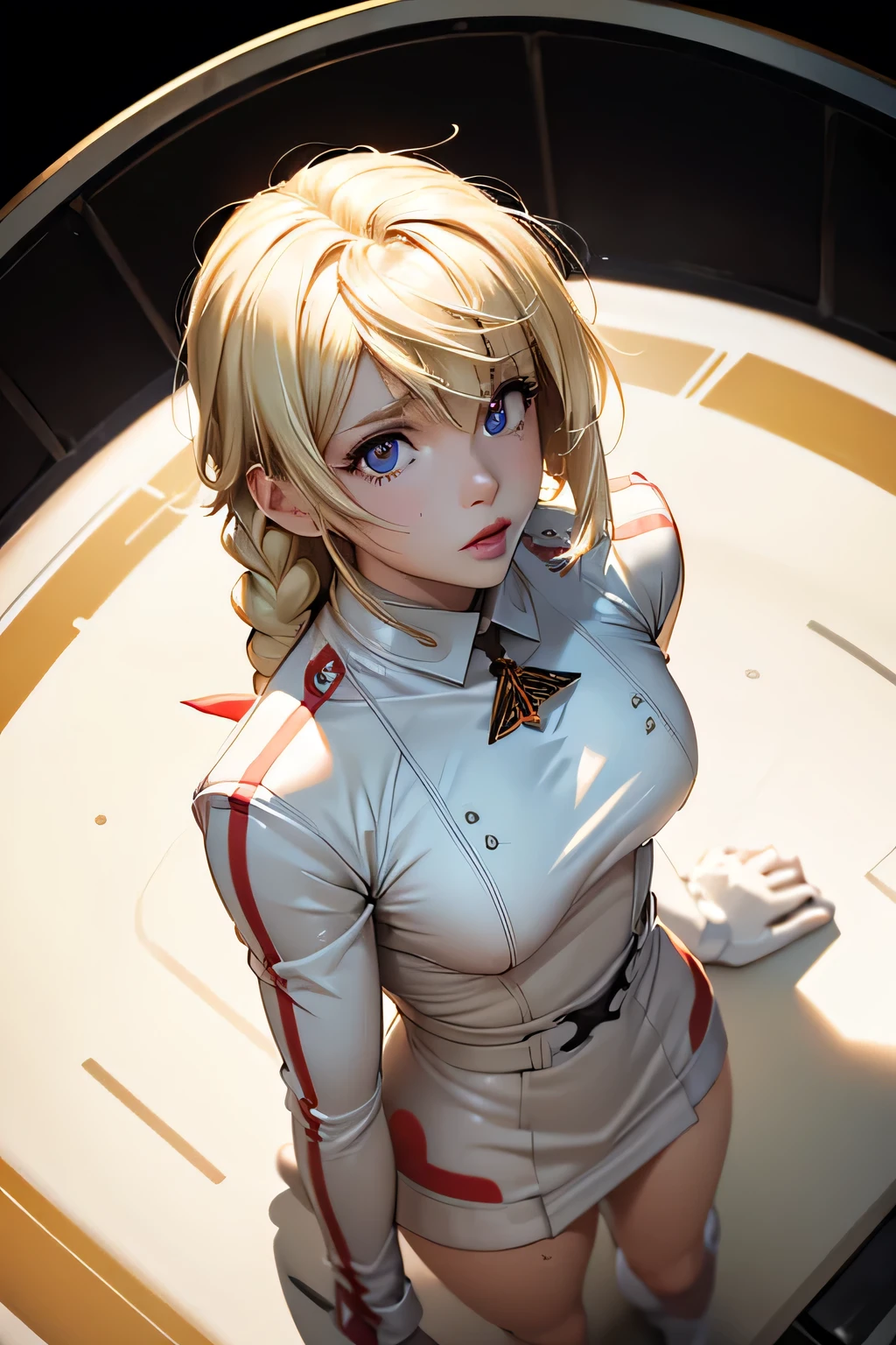 perfect anatomy best quality, highest resolution,(((white latex uniform Blonde sweat))) how shot from above