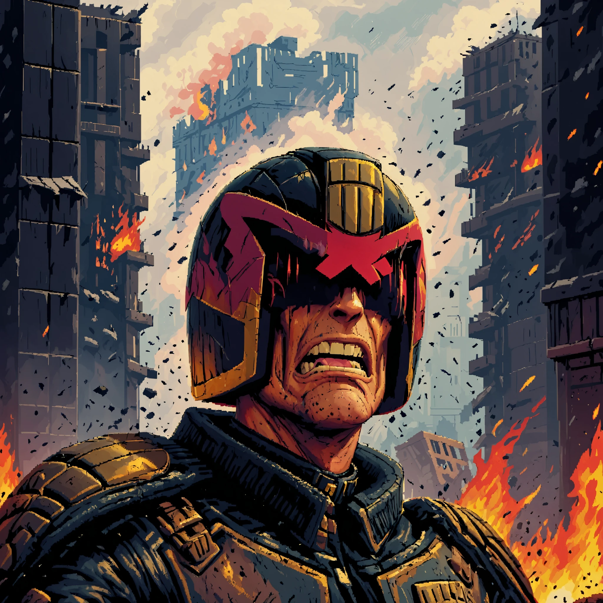 extreme close up, judge dredd grimacing in a burning building because he knows it's going to be a very tough day,