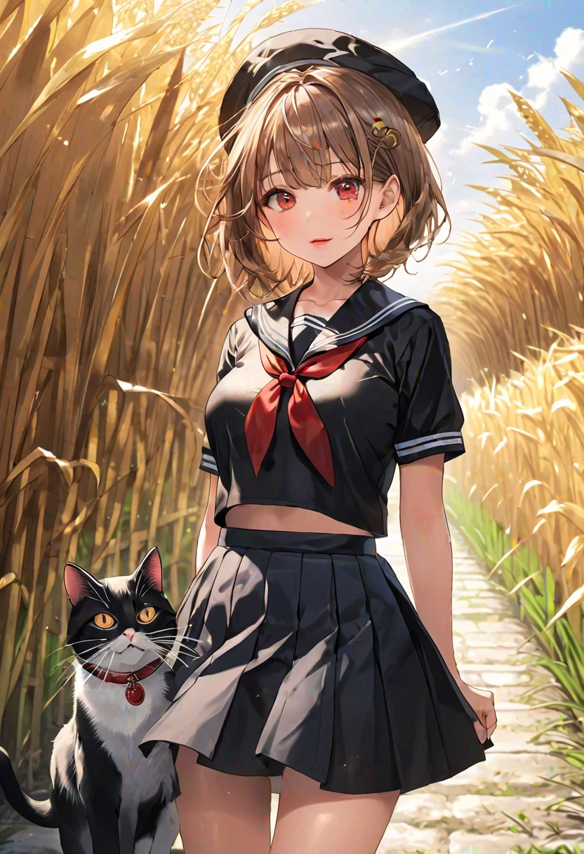 (masterpiece, ultra-detailed, best quality, clear focus, dramatic scene, cinematic), shadow, (ultra-high resolution, 8k), perfect anatomy, perfect face, (detailed face, detailed eye), cute Japanese girl, famous Japanese idol, very beautiful and cute and cool face, dynamic pose, dynamic angle, (wearing a black sailor uniform with very long black skirt:1.3), punk rock styled mature bad girl, short curly-haired, red lips, bad girl, (very large breasts), slim waist, standing at the footpath between rice fields, beautiful autumn leaves, (with mewing giant cat:1.3), (detailed cat:1.2)