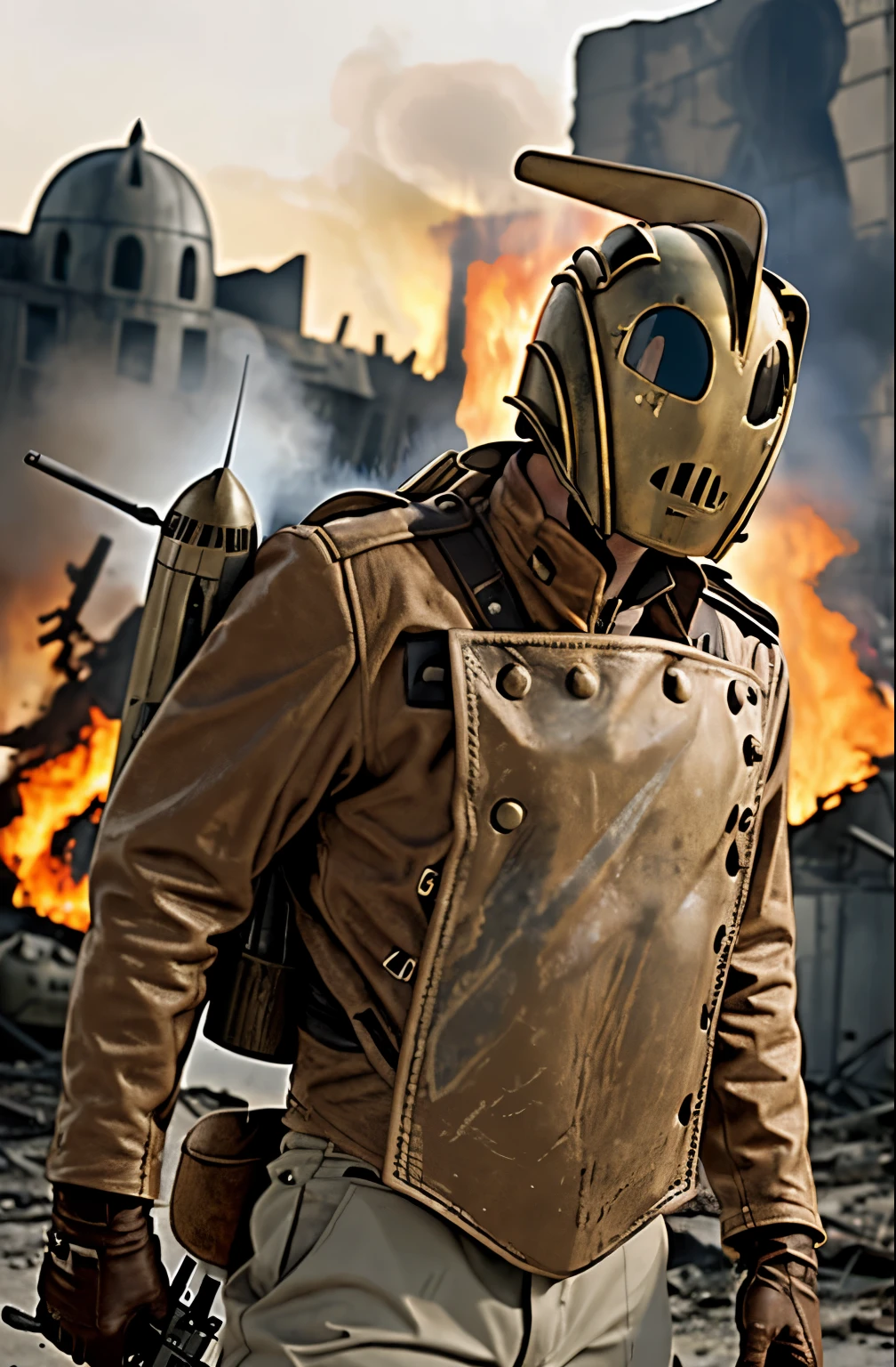 1man, solo, rocketeer man wear full helmet and leather jacket, leather gloves, Zeppelin, holding gun, world war 2, tank, group of soldier, city ruins, fire, debris, bokeh, photography, blurry background, 