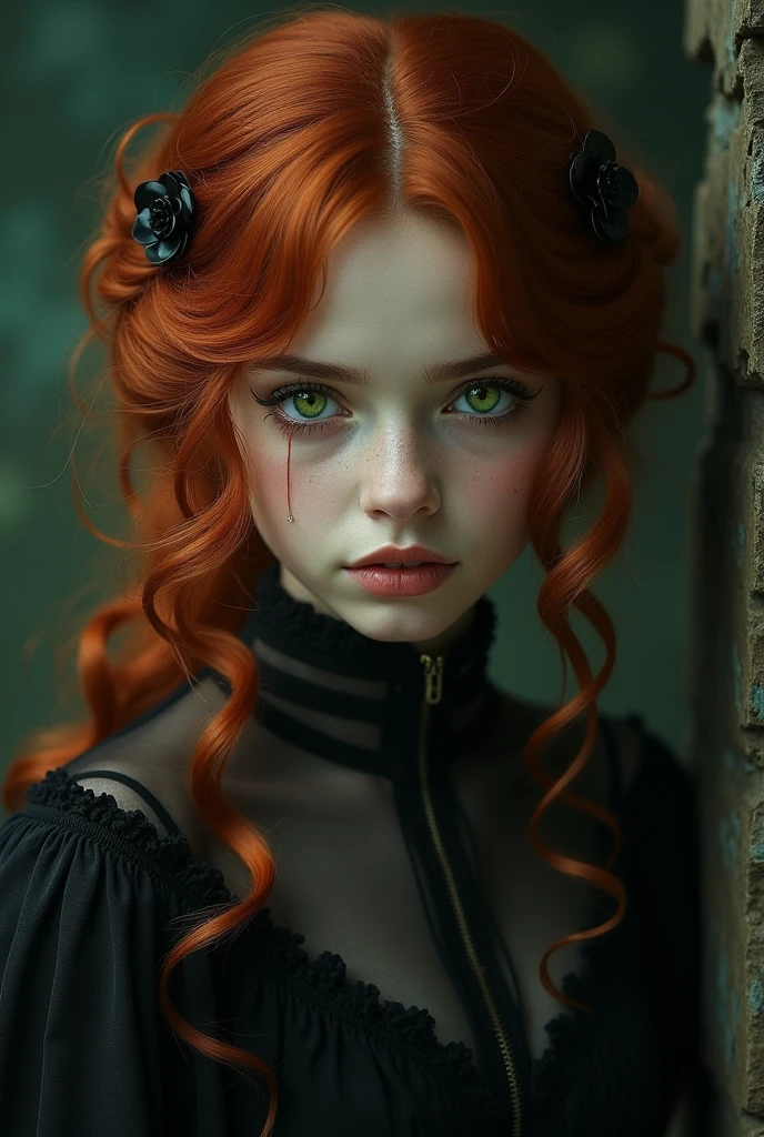 a girl with red hair red eyes tough gothic way kissing brown hair green eyes royal princess dress