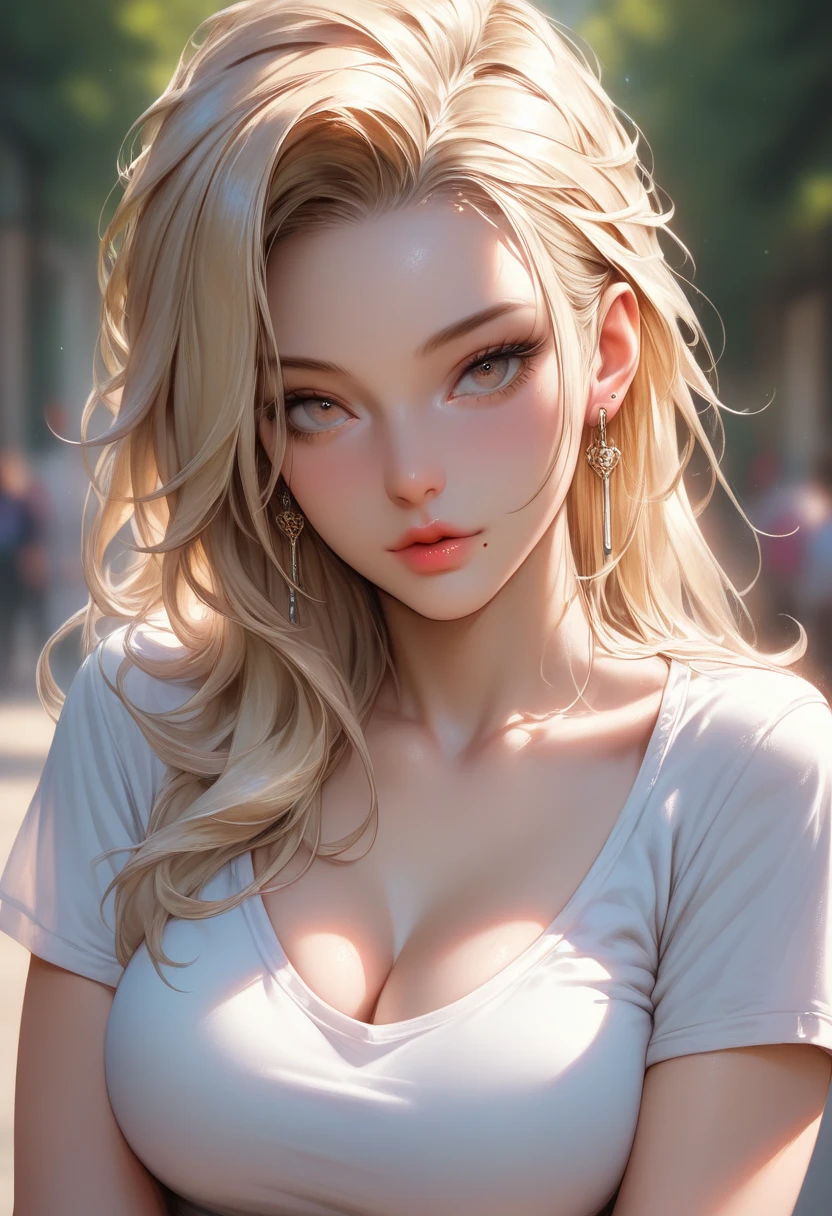 score_9, score_8_up, score_7_up, score_6_up, source_anime, realistic, high res image,masterpiece,best quality, skindentation, T-shirt, solo, 1 girl, blonde hair, forehead, incoming kiss, face waiting for kiss, gloss lips, large breasts, cleavage, earring, eyelashes, mole, seductive pose, outdoors, simple background, blurry background, Expressiveh, close up, front view, front shot,
