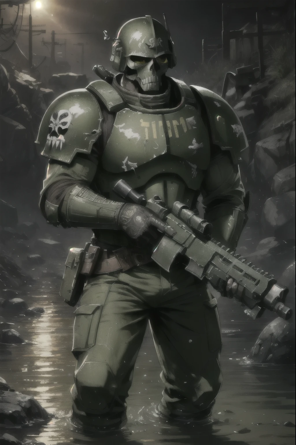 THEPIT, warhammer 40k imperial guardsman, green armor, light armor, shirt, heavy rifle, ammo belt, rugged face, tactical pants, soldier, modern ry,skull, spikes, knee deep water, toxic water, (masterpiece:1.2) (illustration:1.2) (best quality) (detailed) (intricate) (8k) (HDR) (wallpaper) (cinematic lighting) (sharp focus)(highly detailed face)