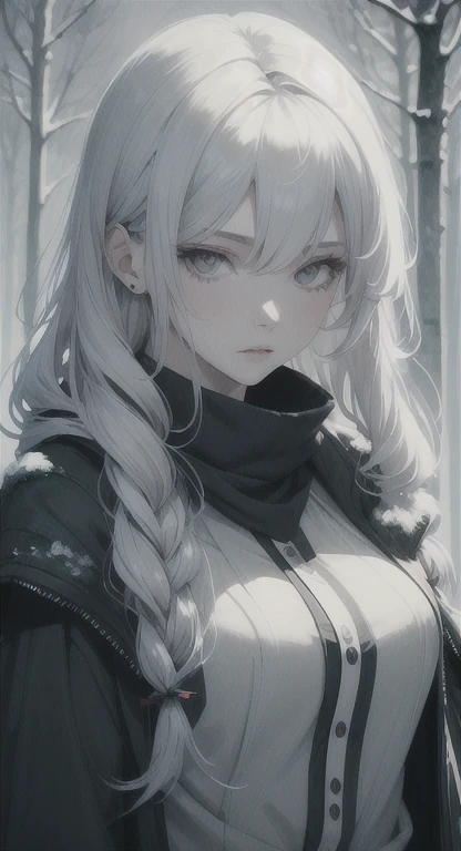 Frozen, misty Forest, ancient being, winter, snow, winter witch pale skin, purple eyes, eyes in the fog, regal appearance, cabin,