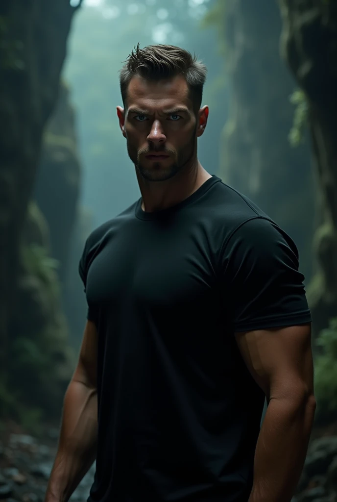 a shirtless Jamie Dornan in a lush, verdant forest,(best quality,4k,8k,highres,masterpiece:1.2),ultra-detailed,(realistic,photorealistic,photo-realistic:1.37),nature scene, tight underwear, editorial fashion, Vogue magazine concept, atmospheric lighting, dramatic poses, chiaroscuro, cinematic, dramatic shadows, natural textures, detailed facial features, muscular physique, moody tones