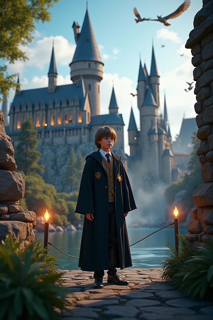 um gato, of the European race, cor predominante branco com amarelo, fantasiado com a roupa da Escola de Magia e Bruxaria de Hogwarts, realista 8k