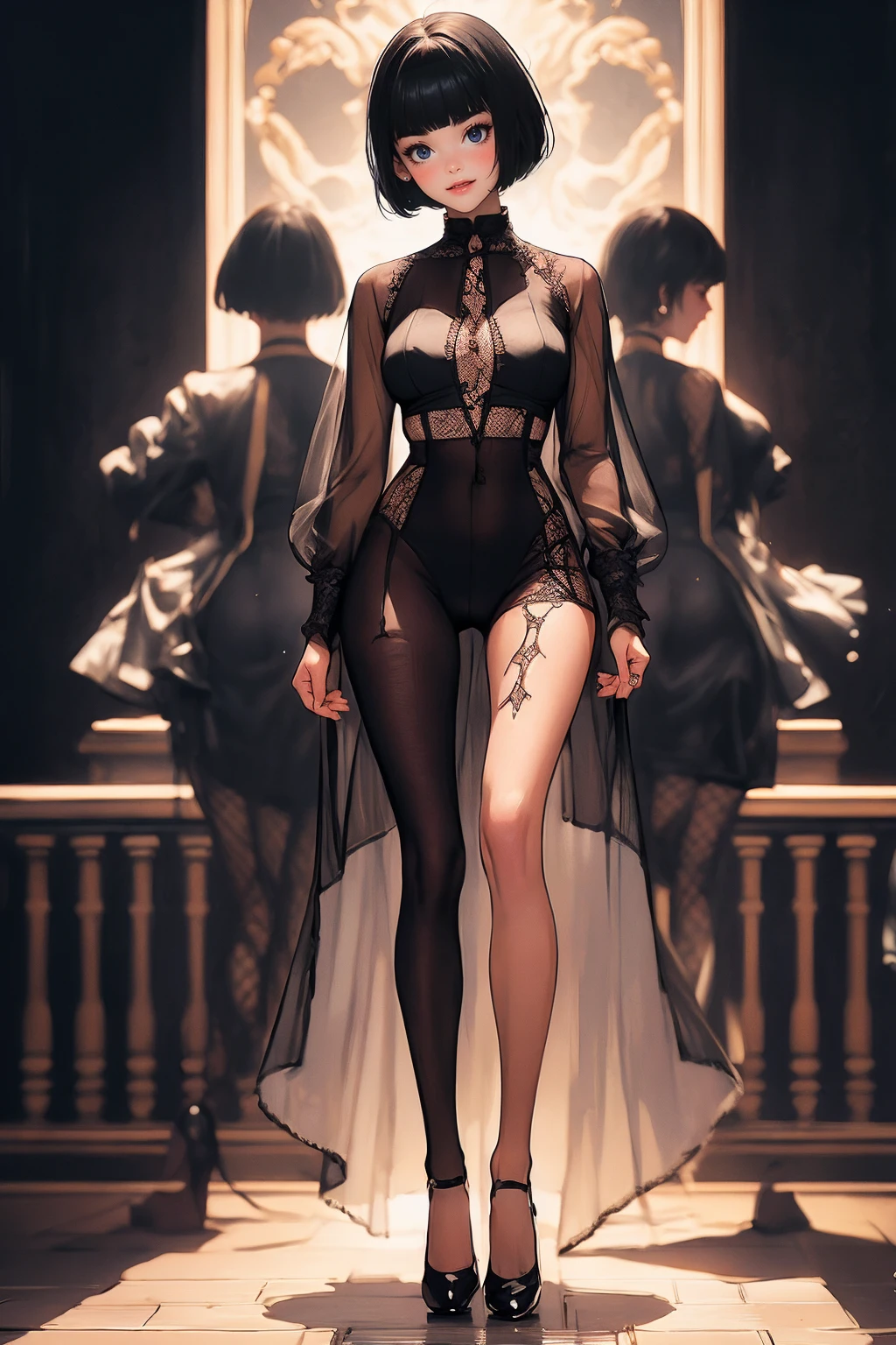 ( best quality:1.2)、(masterpiece:1.2), ( High Quality:1.2), Nipples、 see-through clothes、 ((bodystocking:1.2)), (black hair bowi cut :1.3), (Smiling face:1.3), squat、 open legs, ( Long Thin Legs , shoes:1.2), ( detailed face :1.3)、The whole face becomes red,  big, rich breasts , (Blunt Bangs:1.2),  side bust 、 underbust 、Walking through the mansion&#39;corridor、 Play、 simple background