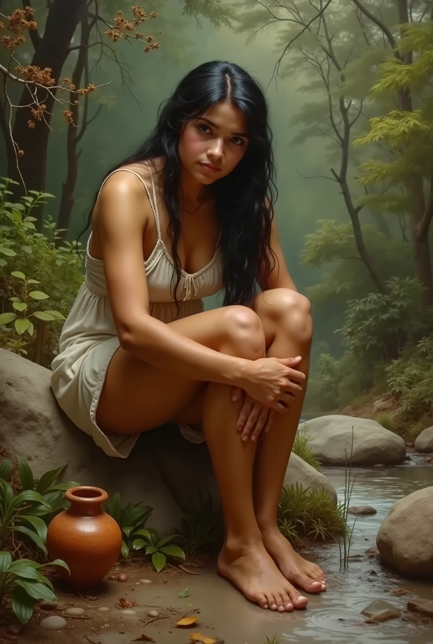 NSFW (nude) (Lara Croft, large breasts, sparse pubic hair), smiling, sexy, lying atop ancient ruins in the jungle