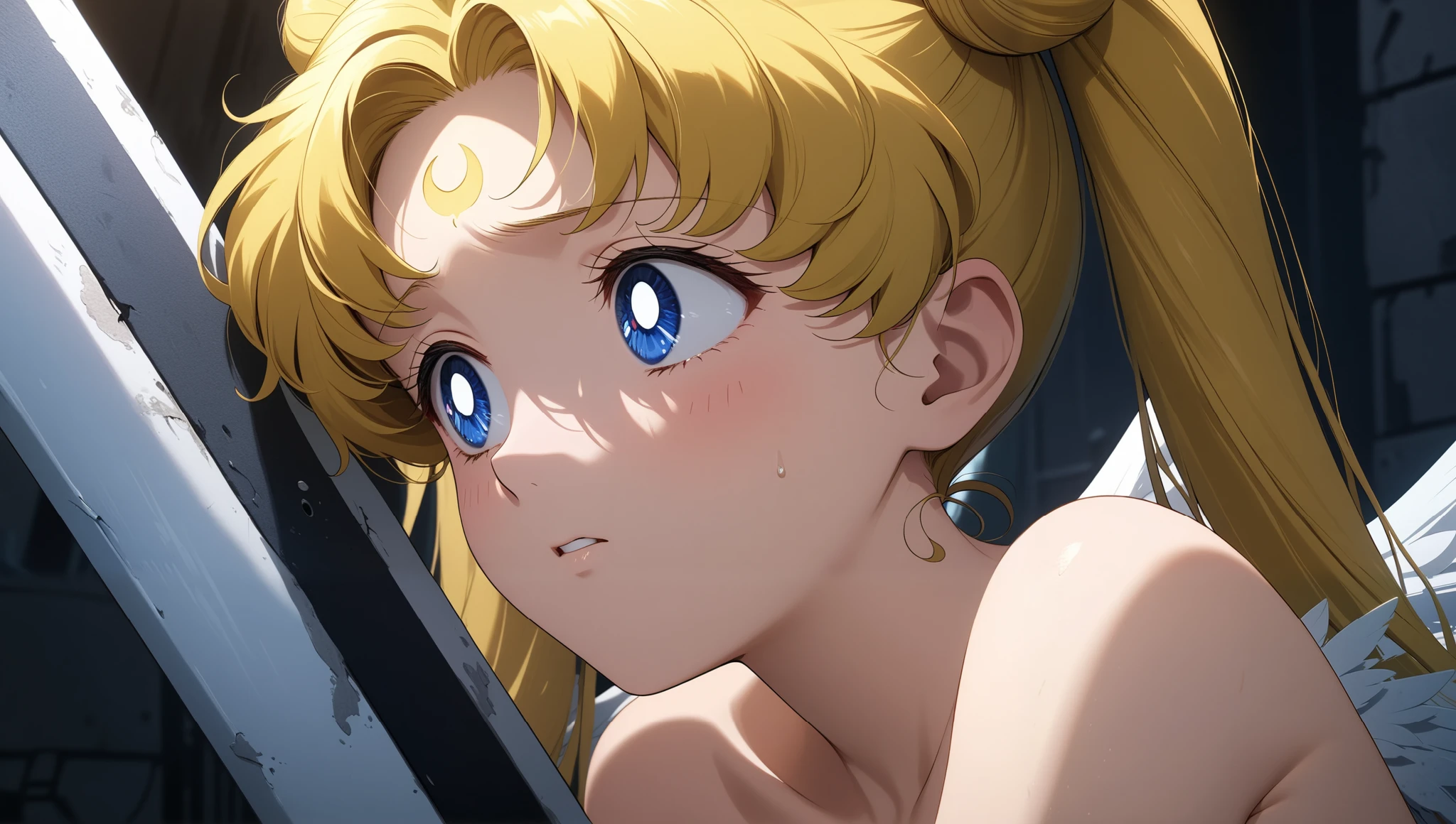 (masterpiece, best quality, very aesthetic, ultra detailed), intricate details, 4k, in shade, aausagi, long hair, blonde hair double bun, twintails, parted bangs, forehead mark, blue eyes, wings, nude, depressed, she have no hope left, looks up, ruined urban, war background, holding long big sword, intricate details, black night, looks down in hopelessness, full medium shot