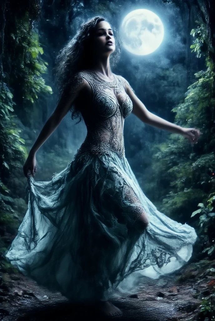 A beautiful and sexy Celtic witch dancing in the moonlight, detailed face and body, intricate Celtic patterns, dramatic lighting, fantasy art, cinematic, vibrant colors, dark moody atmosphere, detailed rendering, 8k, photorealistic