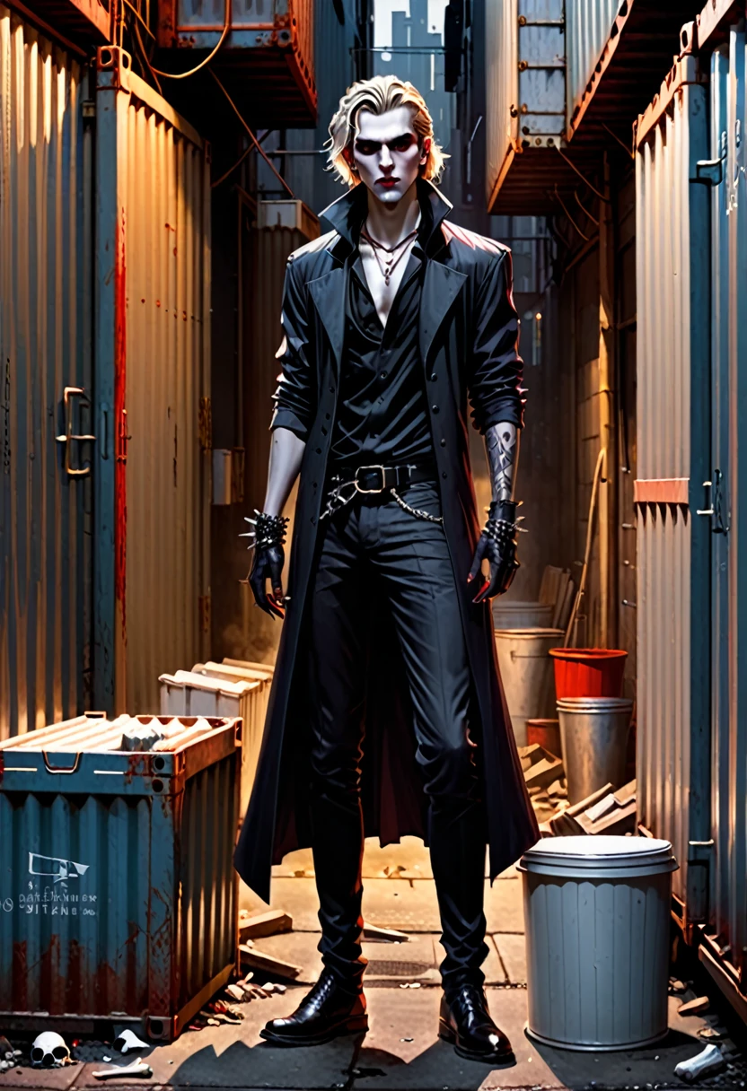 realistic, Charlie Bowater style, vampire, young thug with a mean face, left hand has a bone spike as a weapon, stocky, lanky, mean face, in an alley, standing behind a container 