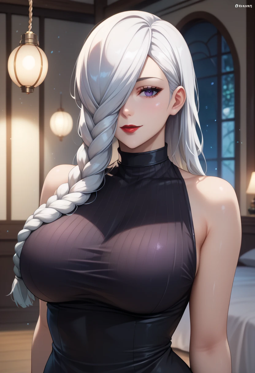 score_9,score_8_up,score_7_up,score_6_up,score_5_up,score_4_up BREAK skinny, big breasts, shiny skin,bokeh,bloom, indoors,light particles, bedroom, 1girl, ((clear eyes)), Mei Mei, (((long hair,white hair,braid,hair over one eye))), pale skin, purple eyes, medium lips, red lips, mature female, ((perfect model body)),((black dress, deep neckline, black choker)), wide hips, model pose, posing, sexy smile