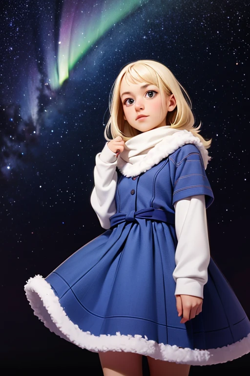  very young girl  ，baby face， is short，Hilly night sky，winter，winter colors, winter landscape,   starry sky  , Sky color Prussian blue Cobalt blue Purple Cyan. Planet, Bright Star, meteor, Tree tops swaying in the wind, thre beautiful blonde girl in winter clothes observes the  starry sky  with a dreamy look， Aurora，White Breath，  Girl Temptation，from below ，