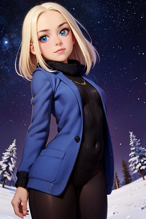  very young girl  ，baby face， is short，Hilly night sky，winter，winter colors, winter landscape,   starry sky  , Sky color Prussian blue Cobalt blue Purple Cyan. Planet, Bright Star, meteor, Tree tops swaying in the wind, thre beautiful blonde girl in winter clothes observes the  starry sky  with a dreamy look， Aurora，White Breath，  Girl Temptation，from below ，