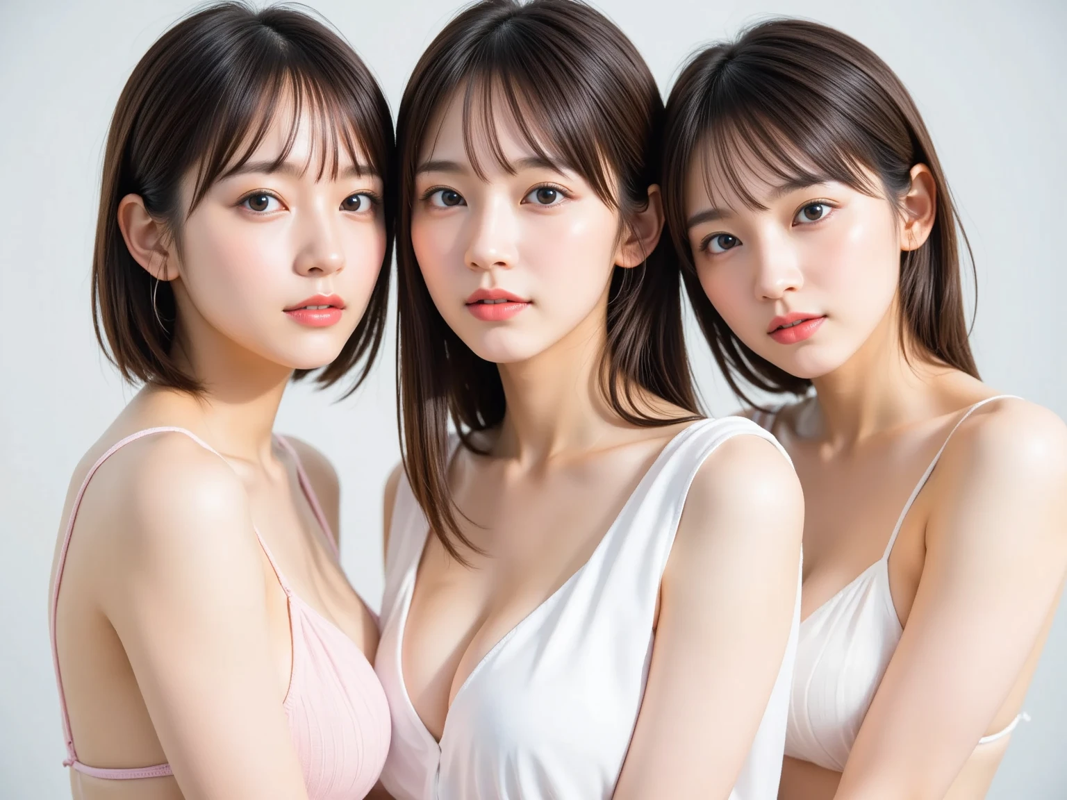 (masterpiece:1.30),(RAW photos:1.3),eyelash, double eyelid, gorgeous Makeup,Realistic and beautiful skin,
perfect anatomy, (cleavage,beatifull breasts,slim waist,navel:1.3),spot light
(dynamic_pose, aesthetic_pose,dynamic angles:1.3),Poster photo of three KAWAII beautiful Japanese idols,Vibrant poster shot with summer beach as background,blur background,(three girls, off shoulder:1.4)