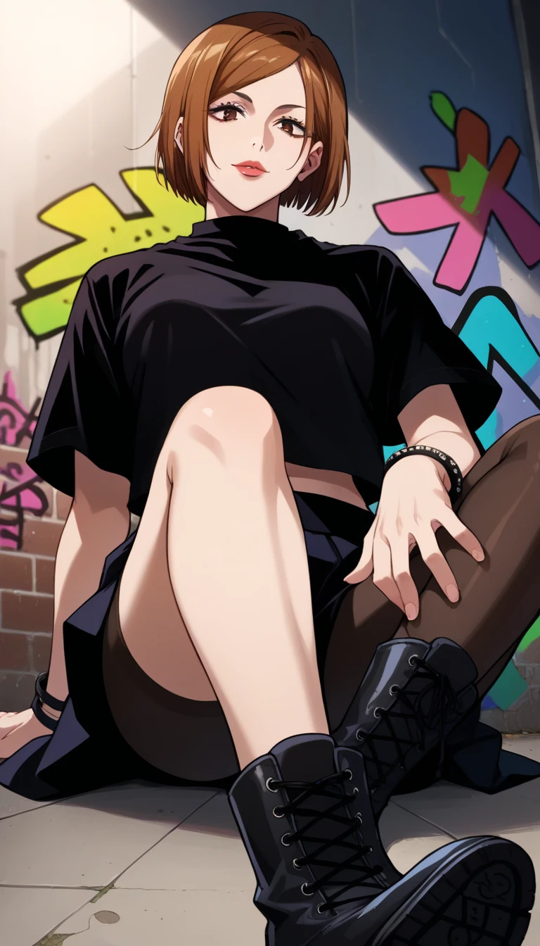 score_9, score_8_up, score_7_up, source_anime, 1girl, solo, nobarakugisaki, nobara kugisaki, bob cut, brown eyes, brown hair, lips, short hair, goth, goth girl, black t shirt, midriff, navel, short sleeves, loose clothes, black pantyhose, (((graffiti))), skirt, bracelet, long sleeves, black skirt, closed mouth, lipstick, miniskirt, cross laced boots, foot focus, foreshortening, sitting on floor, from below, 