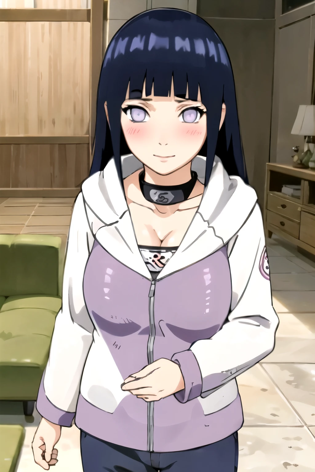 masterpiece,  best quality ,  facing the spectator,  looking at the viewer , 1 , Alone,  inside the house ,  living room, standing,  seductive smile ,  Copy Hinata , short bangs,  long hair , Blush,  White eyes, no pupils, clothing1 , without hooded jaqueta, without jaqueta, long sleeves, without purple jaqueta,  lace t-shirt , pants, bandages, Protetor de testa,  konohagakure symbol , knitted shirt,  Big breasts ,  cleavage