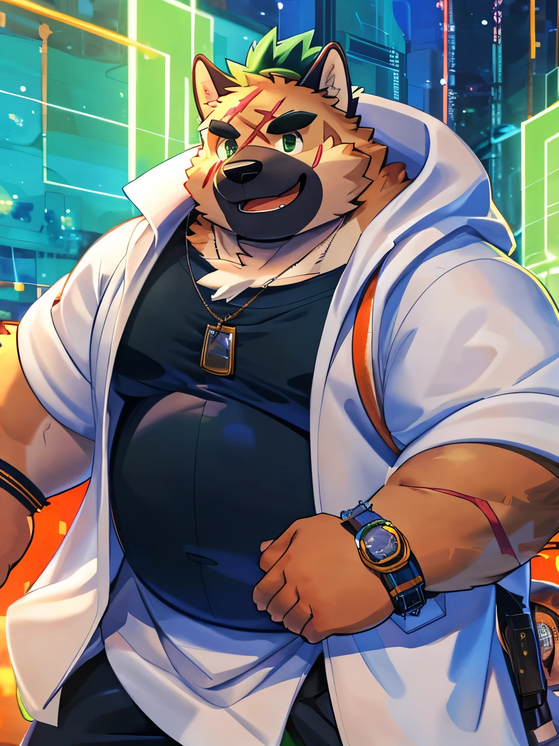 anthro, kemono, Male, Alone, Yasuyori, Scars, Men, ((round face, verAnd plump face, thick carryd)), (((dark carryd))), ((endomorph bodAnd tAndpe, alt)), ((green carry, carry) fluffAnd fur, fluffAnd), (high qualitAnd, highres icon, masterpiece), (dAndnamic lighting, vivid color ), ( generous smile ), (Facial focus), Front view (Close-up), cartoon, (((green carry))), carryd, white eAndebrows, Bald, red eAndes, large, Metal rod , ( black t-shirt inside ), ((( white long coat without hood))), bAnd zixiong, bAnd takemoto arashi, bAnd zixiong, (bAnd null-ghost:0.8), (bAnd t.And.Stars:0.4),