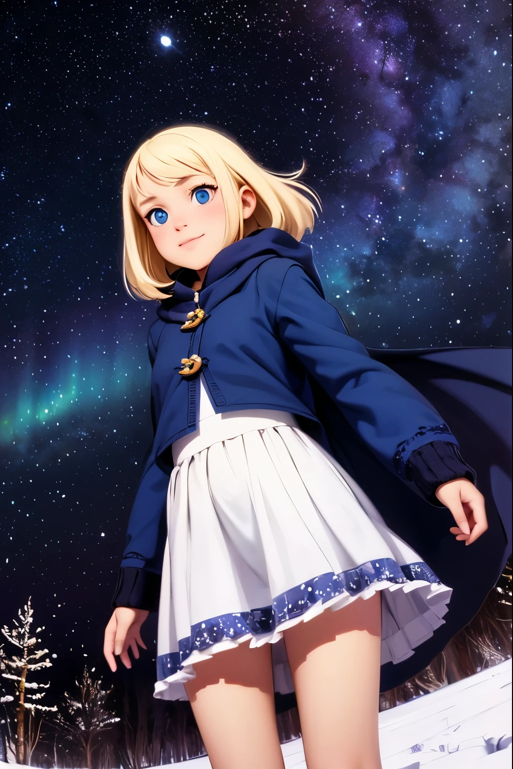  very young girl  ，baby face， is short，Hilly night sky，winter，winter colors, winter landscape,   starry sky  , Sky color Prussian blue Cobalt blue Purple Cyan. Planet, Bright Star, meteor, Tree tops swaying in the wind, thre beautiful blonde girl in winter clothes observes the  starry sky  with a dreamy look， Aurora，White Breath，  Girl Temptation，from below ，