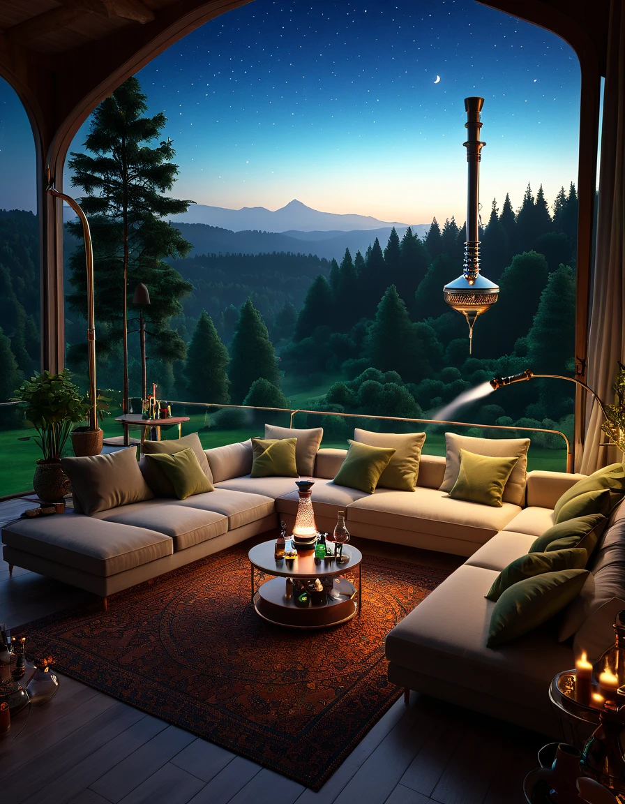  close-up of the living room with sofa and table , ((there is a hookah on the floor)),  relaxing setting ,  the magical atmosphere,  A beautiful and aesthetic ,  stunning nature in the background ,  soothing and cozy landscape ,  all in stunning outdoor views, outdoor setting ,  amazing background landscape ,  large windows into the forest at night ,  beautifully lit landscape ,  beautiful environment ,  tower over a vast calm forest , горная джунгли  Realistic image , masterpiece,  artwork ,  hyperrealistic , rendering ,  realistic physical rendering ,  Photorealistic rendering ,  highly detailed ,  high-quality render ,  architectural rendering ,  very realistic 3D render ,  Realistic image ,