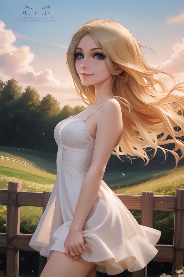 ((one young russian girl)), full body shot, beautiful woman, (blonde hair:1.3), (medium ponytail hair:1.3), ((detailed face:1.5)), (happy playful smile), (ocean blue eyes:1.0), ((detailed facial features)), (fine detailed skin), pale skin, (big breasts:1.2), high detailed, deep cleavage, wearing a cute white dress, the background is a garden with roses and flowers, blue clear skies, spring, sunny day, (extremely detailed CG unity 8k wallpaper, best quality, masterpiece)