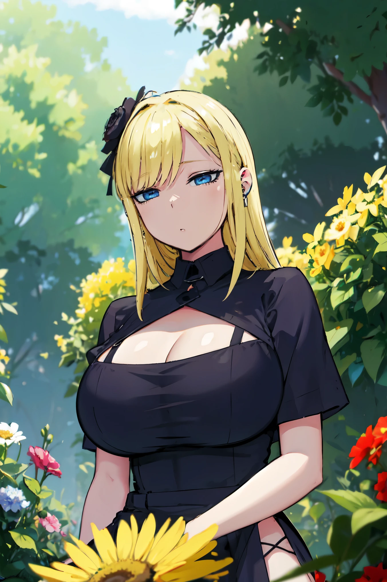 Blonde hair, huge tits  , (((black dress))),  thick, busty, blue eyes, ((upperbody)), emotionless, cleavage, flower garden