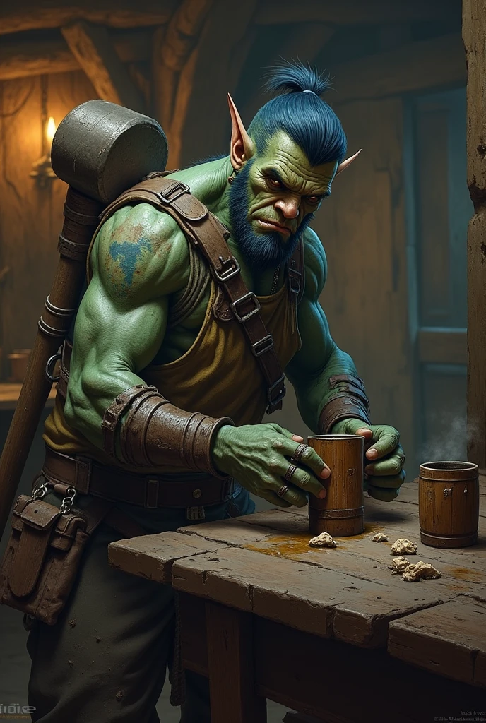 green-skinned half-orc barkeep character from D&D5e