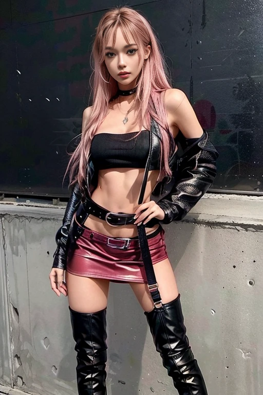 1girl, a young prostitute, long pink hair, (black leather mini skirt), midriff, toned abbs, revealing clothes, suspenders, thigh highs, thigh boots, full-body portrait, sexy, slender, (thin, skinny, slim, slender, toned), remarkable detailed pupils, collarbone, full body, Wide-Angle, UHD, accurate, anatomically correct, hookerchic, ((full figure)), daytime