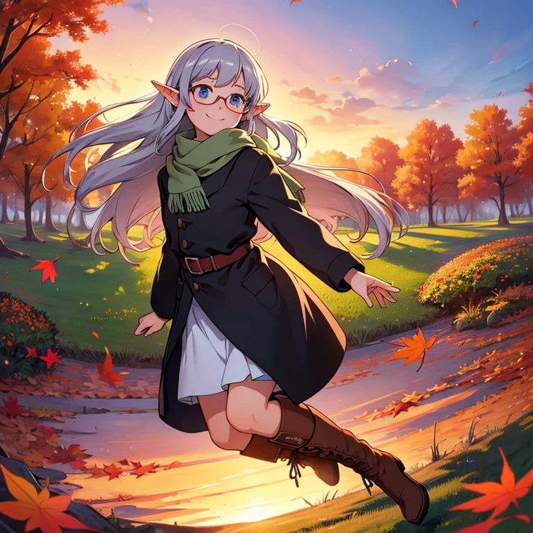 masterpiece， best quality， High image quality，(  super flat  ,    flat shading pointing at blackboard )，Elf、Glasses，Beautiful silver hair、  Fisheye Lens  ， Beautiful young mother and lovely daughter， warm scarf， (naked)，Long Hair，  boots, smile, smile，White Breath，fun, play，Autumn park garden，  falling leaves for vaginal discharge ，Autumn sky，dusk， beautiful sunset ，Wide angle，  bright color ，watercolor, Ghibli Style，Strong winds，  Girl Temptation，