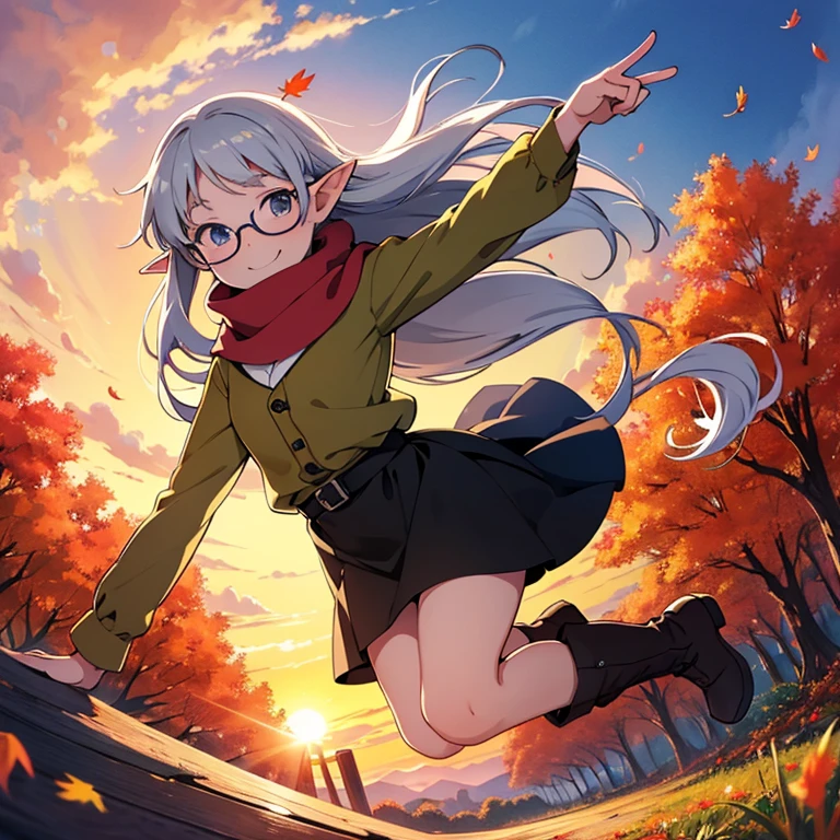 masterpiece， best quality， High image quality，(  super flat  ,    flat shading pointing at blackboard )，Elf、Glasses，Beautiful silver hair、  Fisheye Lens  ， Beautiful young mother and lovely daughter， warm scarf， (naked)，Long Hair，  boots, smile, smile，White Breath，fun, play，Autumn park garden，  falling leaves for vaginal discharge ，Autumn sky，dusk， beautiful sunset ，Wide angle，  bright color ，watercolor, Ghibli Style，Strong winds，  Girl Temptation，