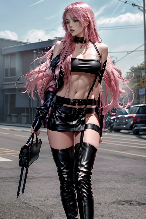 1girl, a young prostitute, long pink hair, ((black leather mini skirt)), midriff, toned abbs, revealing clothes, suspenders, thigh highs, thigh boots, full-body portrait, sexy, slender, (thin, skinny, slim, slender, toned), remarkable detailed pupils, collarbone, full body, Wide-Angle, UHD, accurate, anatomically correct, hookerchic, ((full figure)), daytime