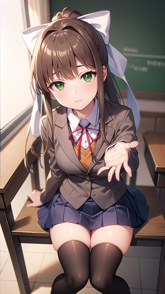 ddlcmonika, ddlcmonika, blunt bangs, brown hair, (green eyes:1.5), long hair, ponytail, ribbon, white ribbon, hair ribbon, sidelocks,
BREAK pantyhose, blue skirt, brown jacket, jacket, long sleeves, mary janes, over-kneehighs, pleated skirt, , black laofers, skirt, pantyhose,
BREAK looking at viewer,
BREAK indoors, classroom, squatting, spread legs, white panties,
BREAK (masterpiece:1.2), best quality, high resolution, unity 8k wallpaper, (illustration:0.8), (beautiful detailed eyes:1.6), extremely detailed face, perfect lighting, extremely detailed CG, (perfect hands, perfect anatomy),