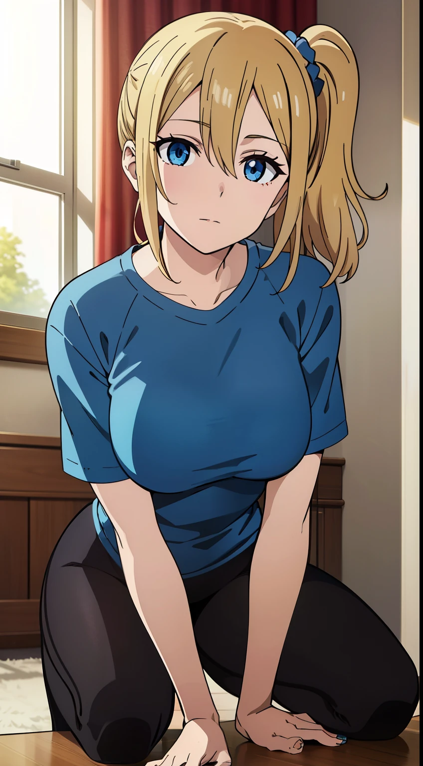 hayasaka, blonde hair, blue eyes, hair Scrunchie, side ponytail, Scrunchie, 1 girl, hair ornaments, alone, hair between eyes, ((Big T-shirt, leggings, room), night, Western-style room),
beautiful Finger, beautiful body, beautiful character design, perfect eyes, perfect face, expressive eyes, looking at the viewer, Show up to your knees, sexy pose, in the center of the image, official art, High Definition CG Unity, Perfect lit, bright_front_face_lit, (table top:1.0),(Highest_quality:1.0), 4k, Super detailed, photograph, 8k, nffsw, High resolution, (absurd:1.2), kodak portrait 400, film grain, Lens flare, (lively_color:1.2),  (beautiful_medium breasts:1.4), (beautiful_face:1.3),(narrow_waist),
