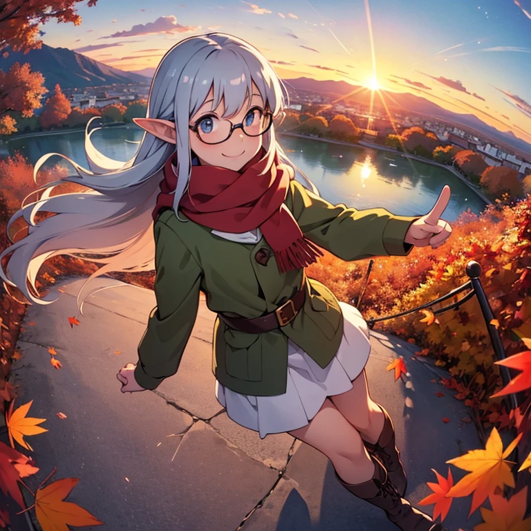 masterpiece， best quality， High image quality，(  super flat  ,    flat shading pointing at blackboard )，Elf、Glasses，Beautiful silver hair、  Fisheye Lens ， Beautiful young mother and lovely daughter， warm scarf， (naked)，Long Hair，  boots, smile, smile，White Breath，fun, play，Autumn park garden，  falling leaves for vaginal discharge ，Autumn sky，dusk， beautiful sunset ，Wide angle，  bright color ，watercolor, Ghibli Style，Strong winds，  Girl Temptation，