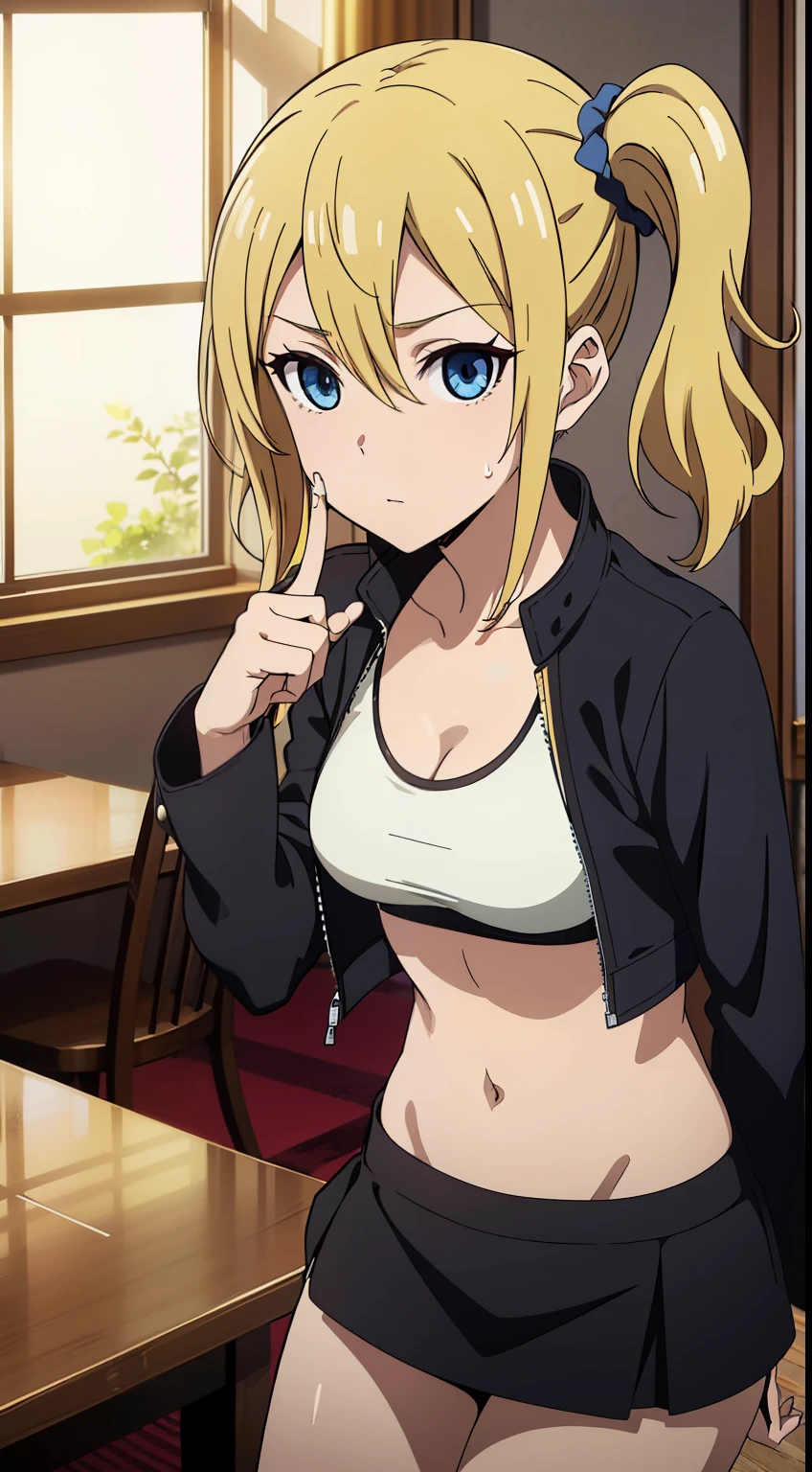 hayasaka, blonde hair, blue eyes, hair Scrunchie, side ponytail, Scrunchie, 1 girl, hair ornaments, alone, hair between eyes, (leather jacket, sports bra, leather mini skirt, exposed belly, exposed navel, exposed abdomen, exposed lower abdomen),
beautiful Finger, beautiful body, beautiful character design, perfect eyes, perfect face, expressive eyes, looking at the viewer, Show up to your knees, sexy pose, in the center of the image, official art, High Definition CG Unity, Perfect lit, bright_front_face_lit, (table top:1.0),(Highest_quality:1.0), 4k, Super detailed, photograph, 8k, nffsw, High resolution, (absurd:1.2), kodak portrait 400, film grain, Lens flare, (lively_color:1.2),  (beautiful_medium breasts:1.4), (beautiful_face:1.3),(narrow_waist),
