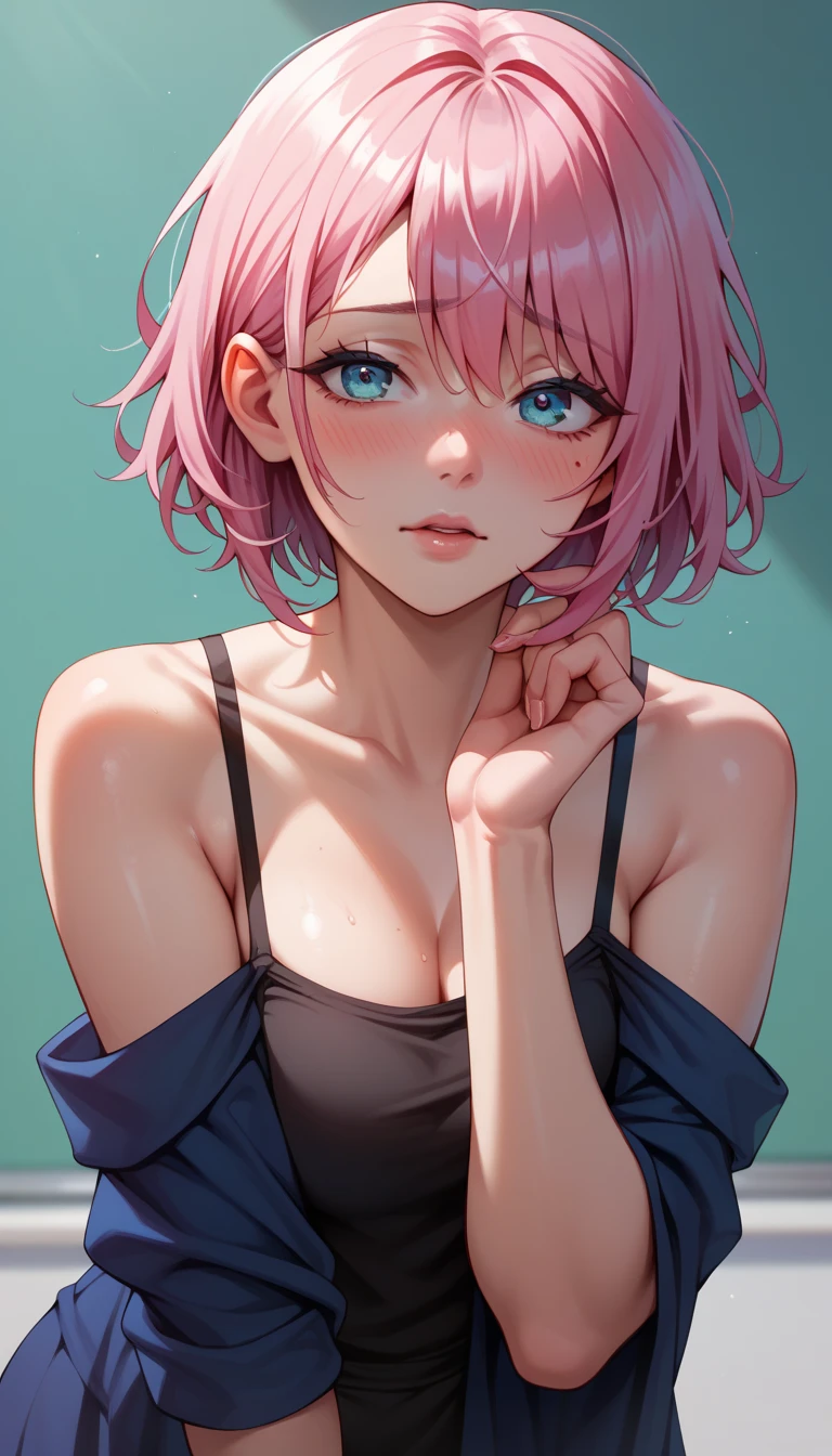 A girl or age 23 with pink short hair and green eyes and tears in eyes. Looking ver sad. Sine Brown bruise on her face 