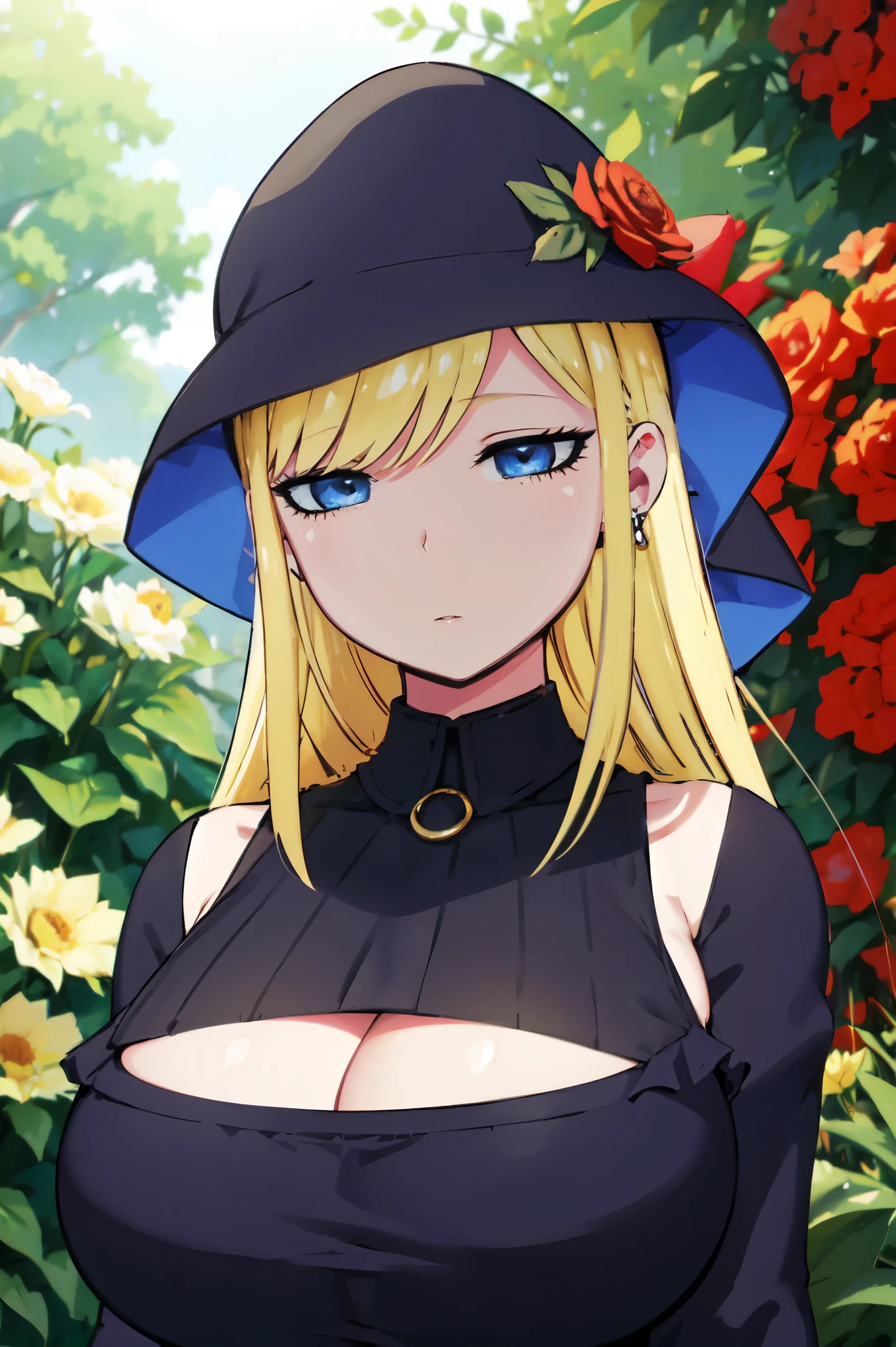 Blonde hair, huge tits  , (((black dress))),  thick, busty, blue eyes, ((upperbody)), emotionless, cleavage, flower garden