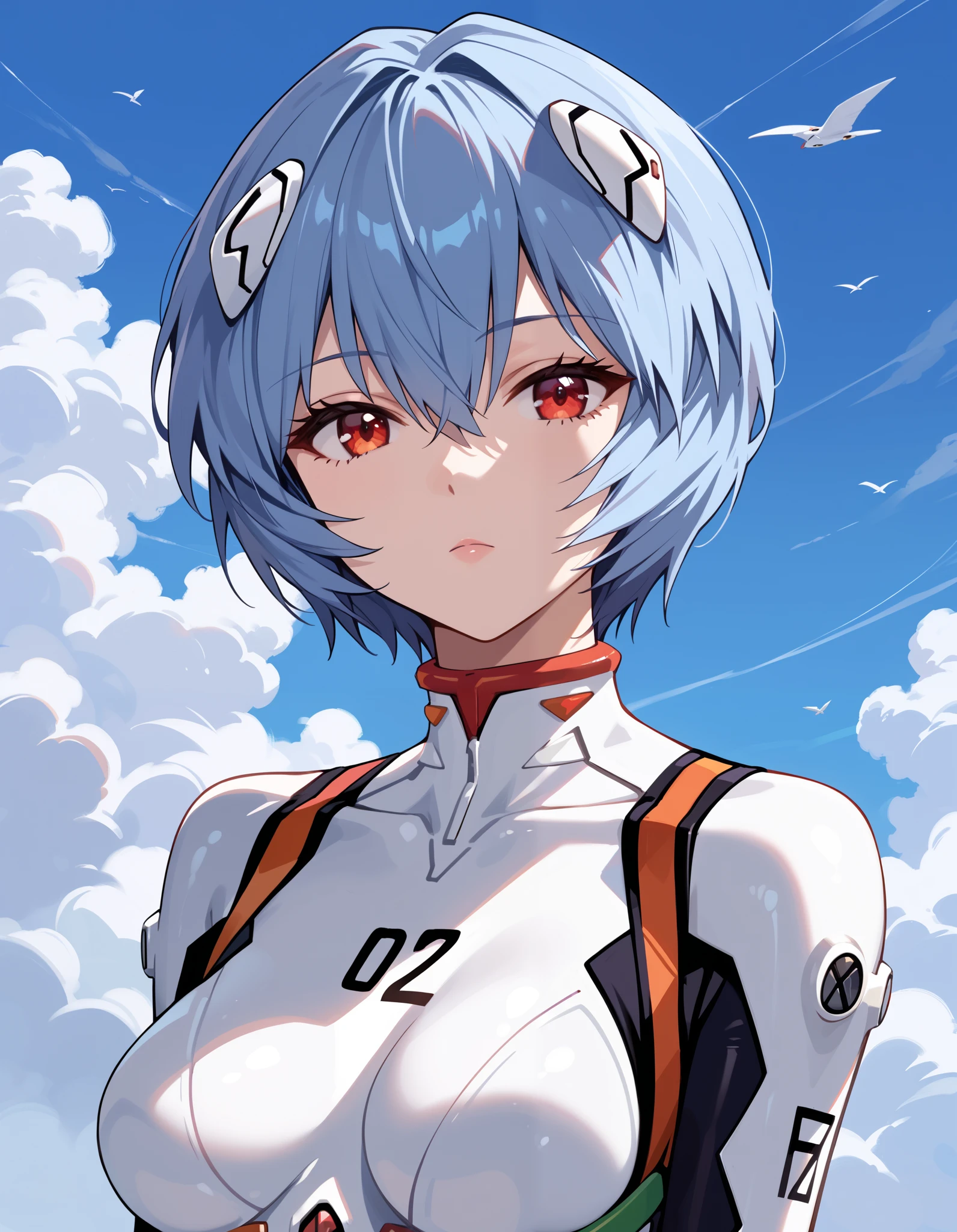 score_9, score_8_up, score_7_up, score_6_up, score_ANIME, looking at viewer, 1girl, ayanami rei \( neon genesis evangelion\), expressionless, red eyes, (number 00 on chest), medium breasts, close up, white bodysuit,