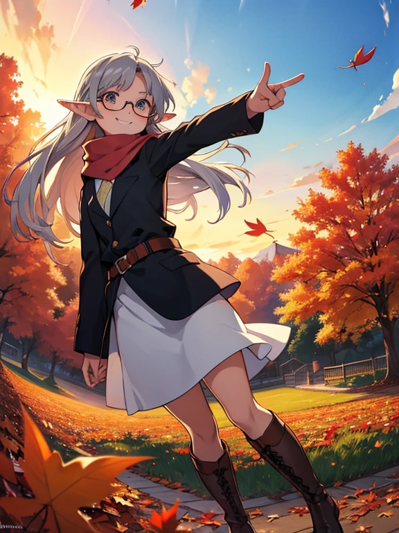 masterpiece， best quality， High image quality，(  super flat  ,    flat shading pointing at blackboard )，Elf、Glasses，Beautiful silver hair、  Fisheye Lens  ， Beautiful young mother and lovely daughter， warm scarf， (naked)，Long Hair，  boots, smile, smile，White Breath，fun, play，Autumn park garden，  falling leaves for vaginal discharge ，Autumn sky，dusk， beautiful sunset ，Wide angle，  bright color ，watercolor, Ghibli Style，Strong winds，  Girl Temptation，